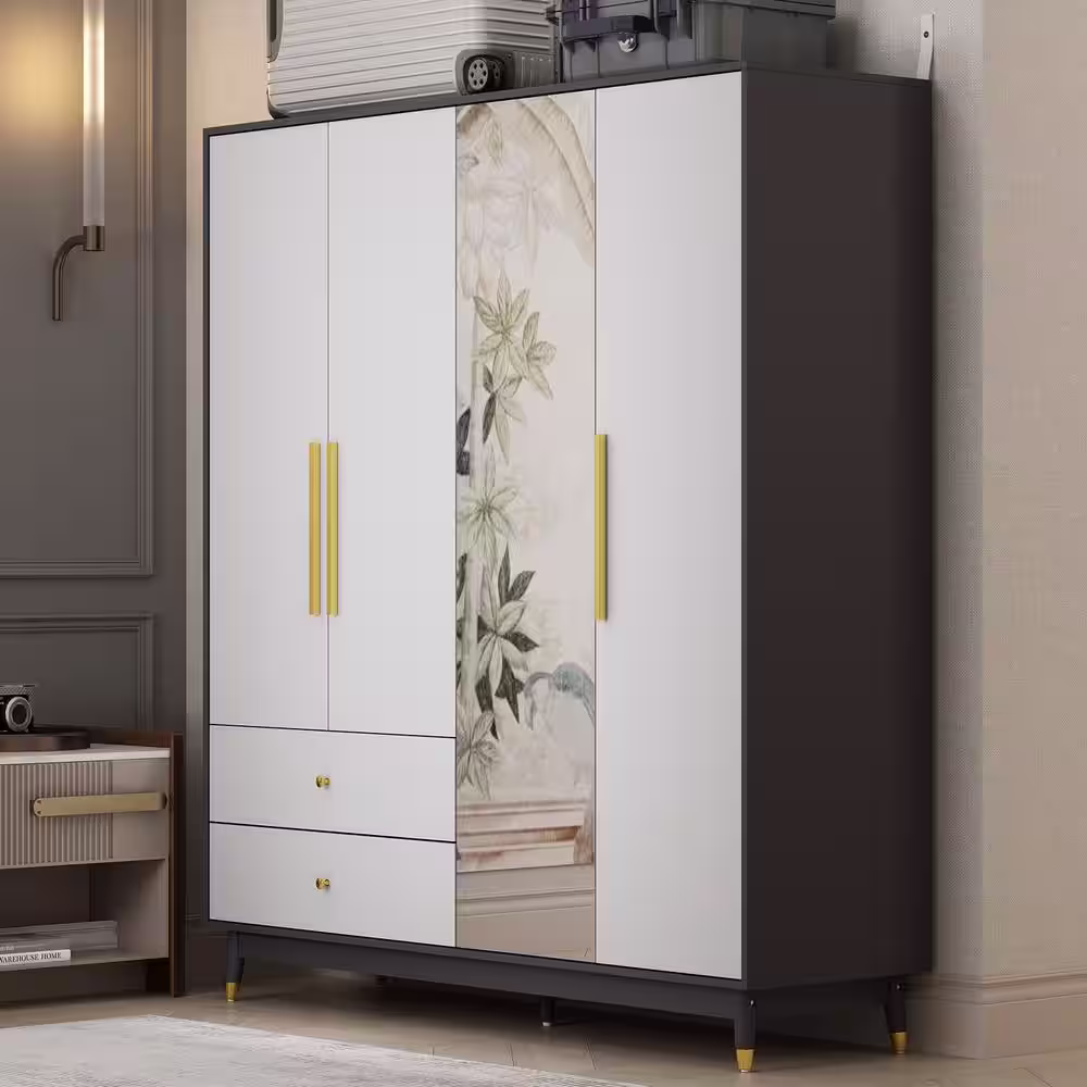 None Black Frame, Light Gray Surface, Wooden 63 in. Width Armoire with Mirrored Door, Clothing Hanging, Shelves and Drawers