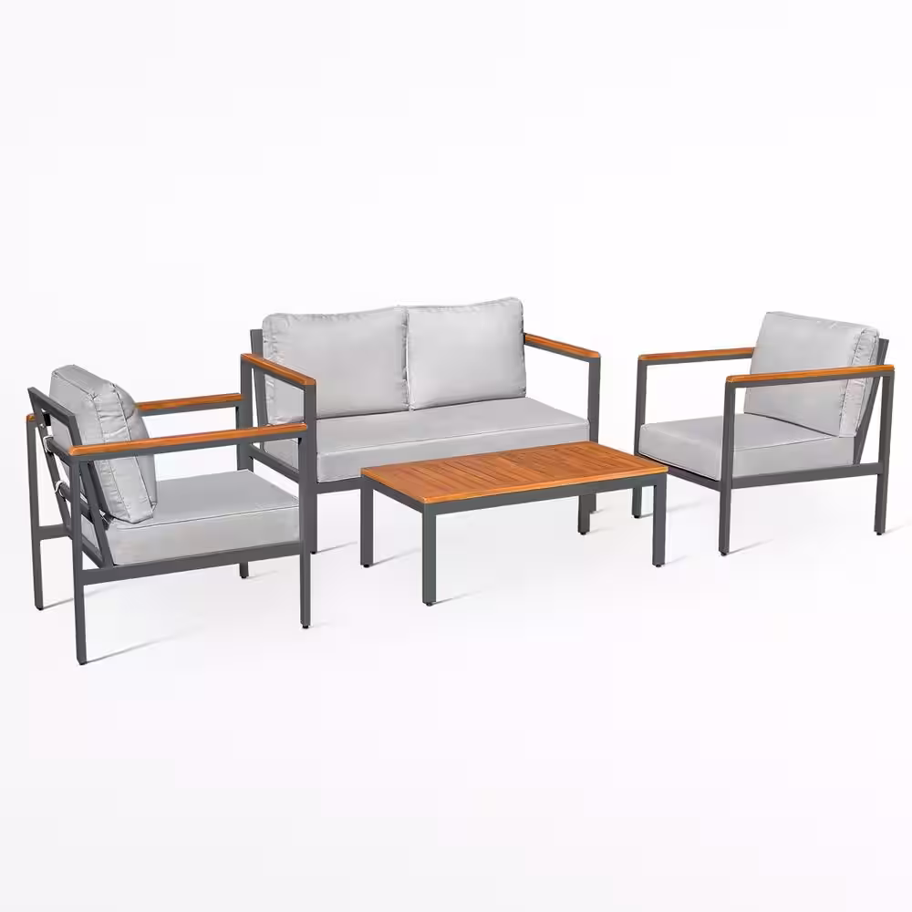 Tozey Chillrest Deluxe 4-Piece Acacia and Steel Patio Conversation Set with Ice Gray Cushion