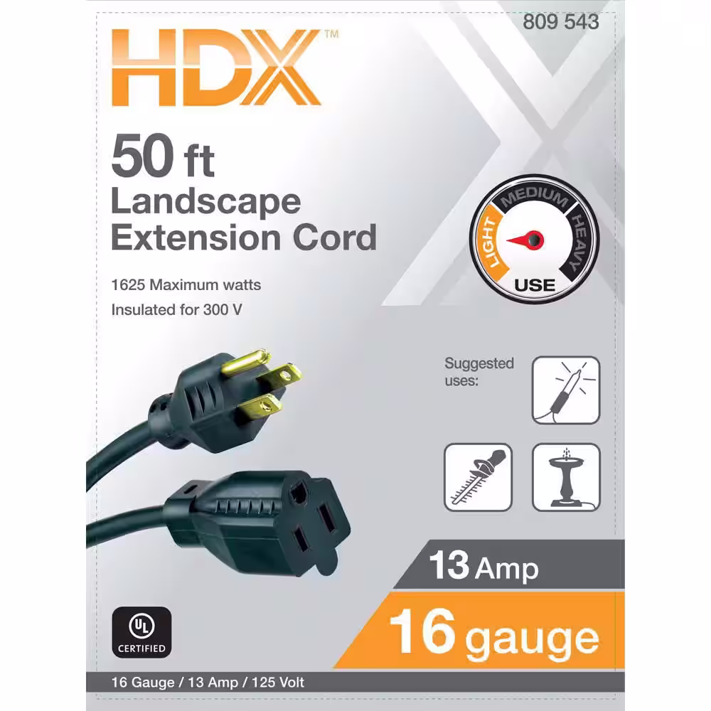 HDX 50 ft. 16/3 Light Duty Indoor/Outdoor Landscape Extension Cord, Green