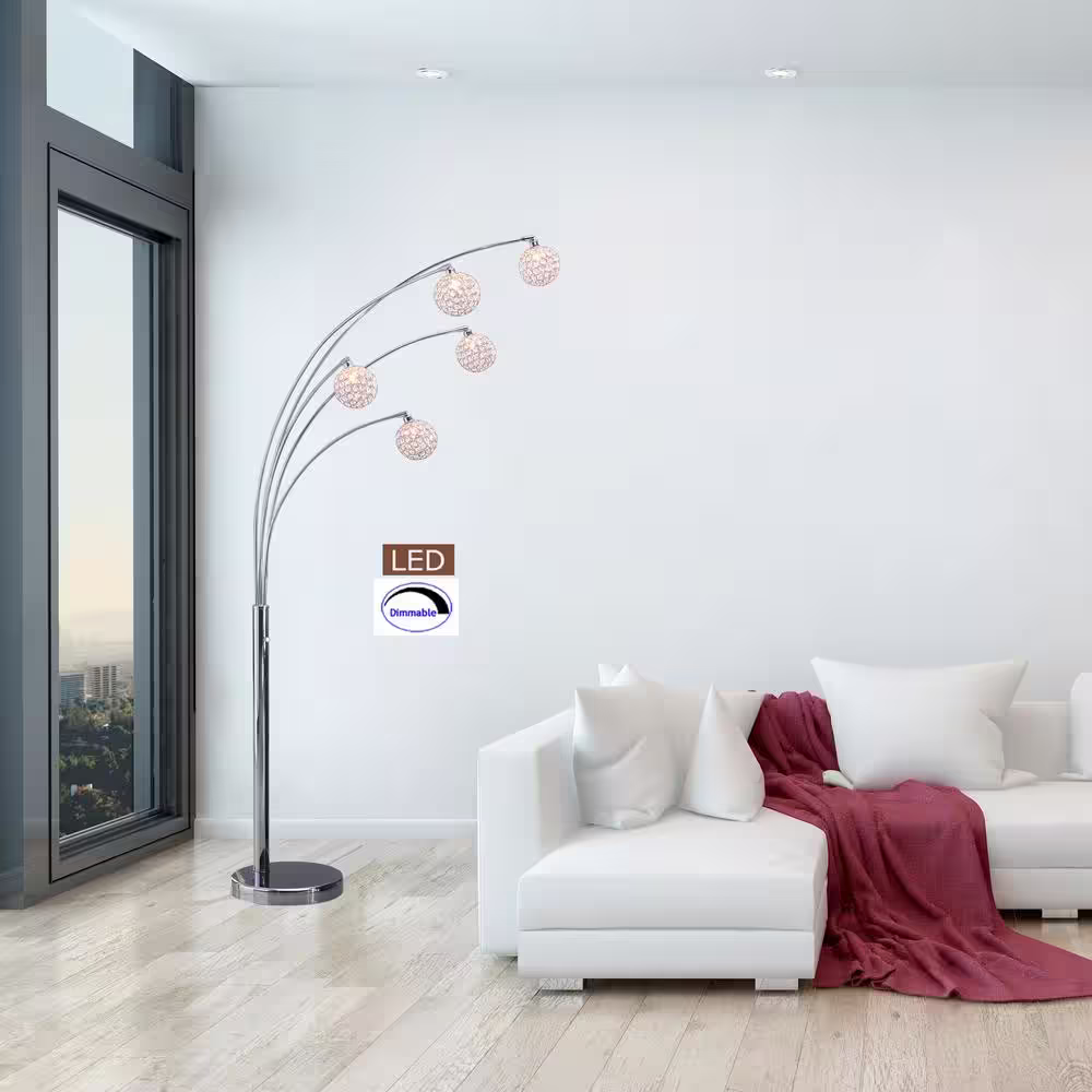 ARTIVA Quan 84 in. 5-Arch Crystal Ball LED Chrome finished Floor Lamp with Dimmer