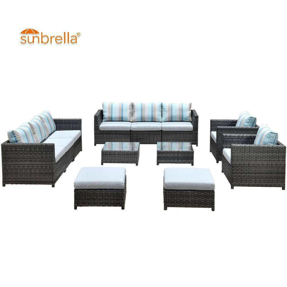 HOOOWOOO Lake Caddo Gray 12-Piece No Assembly Wicker Outdoor Patio Conversation Seating Set with Gray Striped Sunbrella Cushions