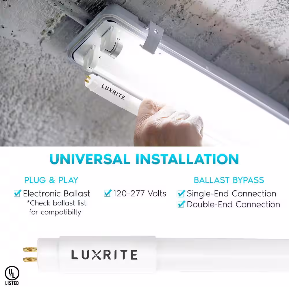 LUXRITE 4 ft. 24-Watt Linear T5 LED Tube Light Bulb Ballast and Ballast Bypass Compatible 4000K Cool White Damp Rated (4-Pack)