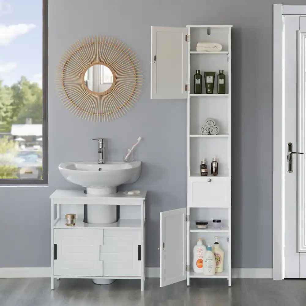 Basicwise White Tall Standing Bathroom Linen Tower Storage Cabinet for Bathroom and Vanity