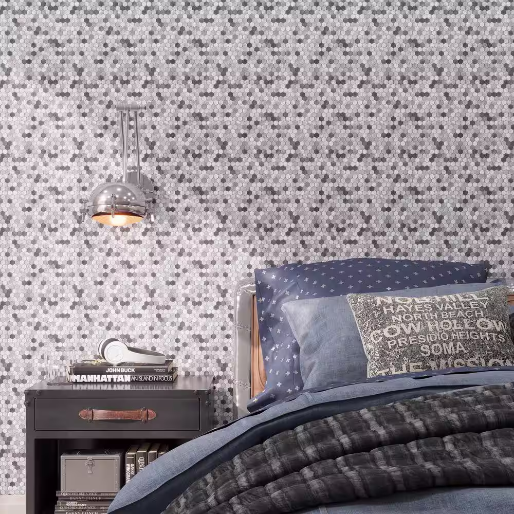 AVANT DECOR Steele Mini Gray and Silver Aluminum Hexagons 10.35 in. x 10.35 in. Metal Peel and Stick Tile (5.95 sq. ft./8-Pack)